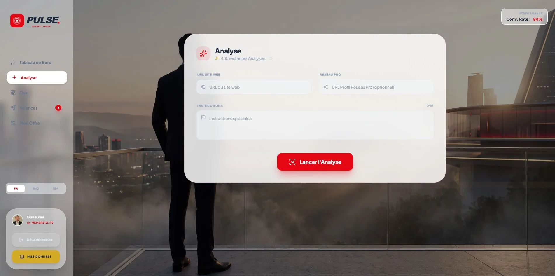 Interface PULSE étape 1 : champ d'entrée URL pour lancer l'analyse automatique d'un prospect