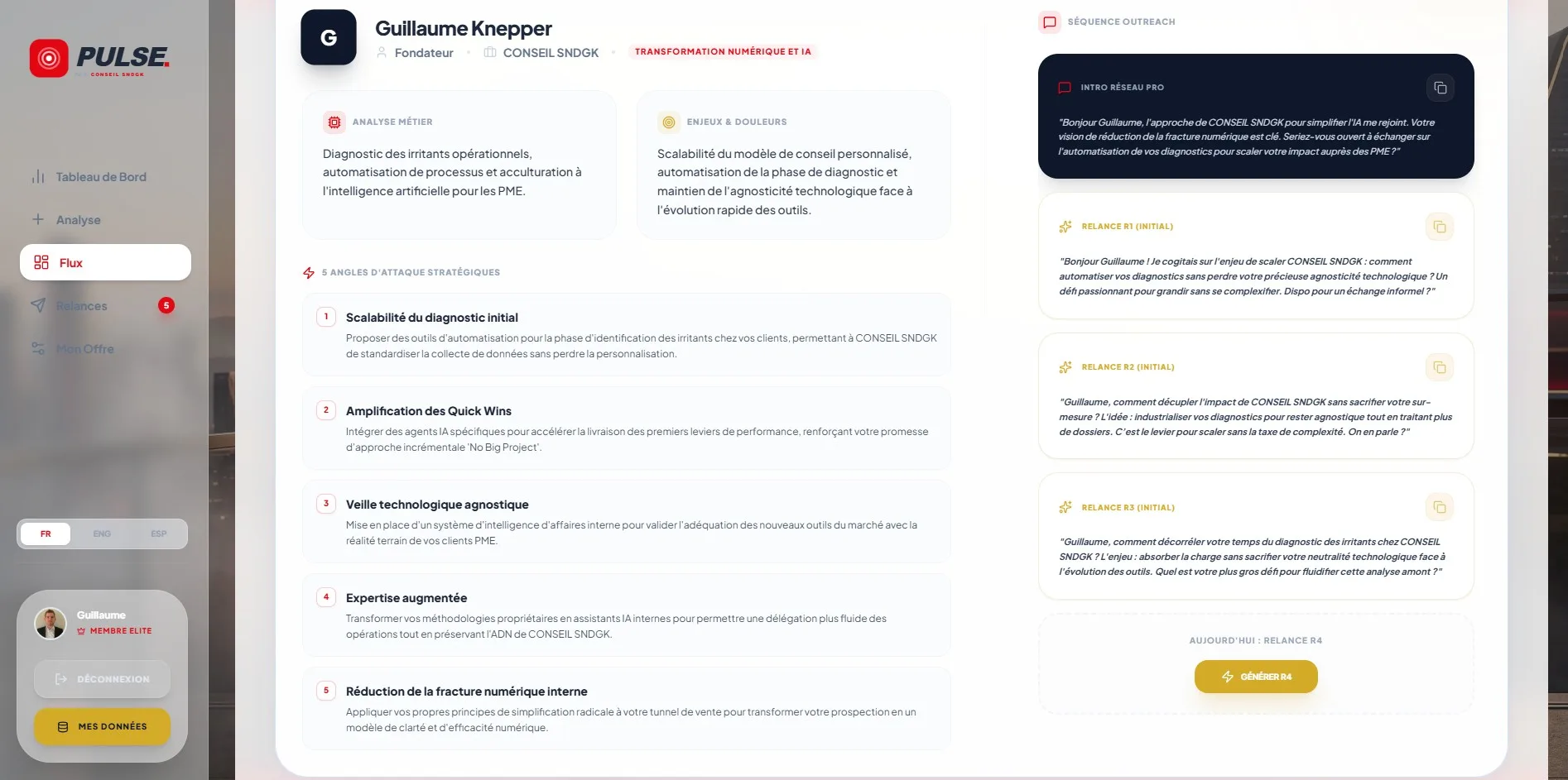 Capture d'écran du flux de prospection PULSE montrant l'analyse stratégique complète d'un prospect B2B avec messages personnalisés