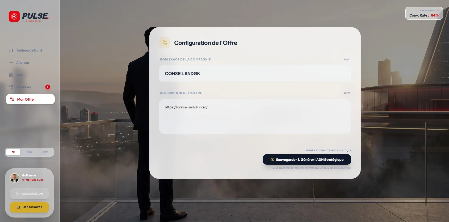 Page de configuration de l'offre commerciale dans PULSE : personnalisation du pitch et des services proposés