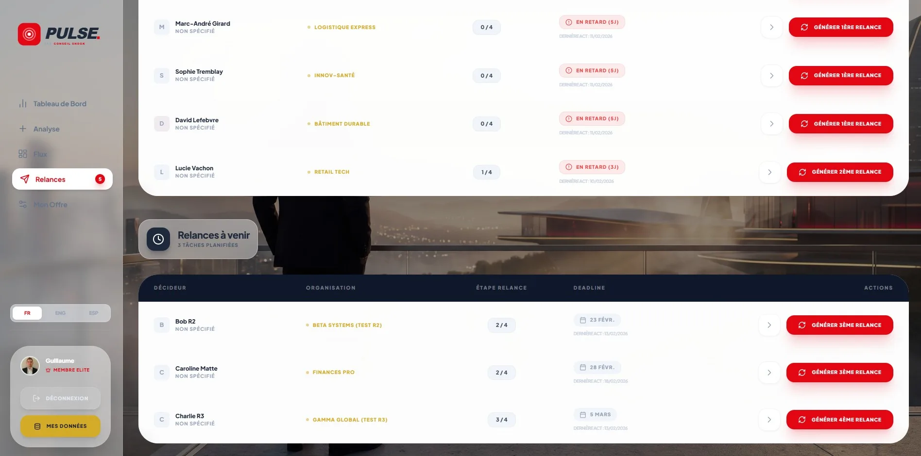 Interface de relance PULSE : messages de suivi personnalisés avec historique des interactions